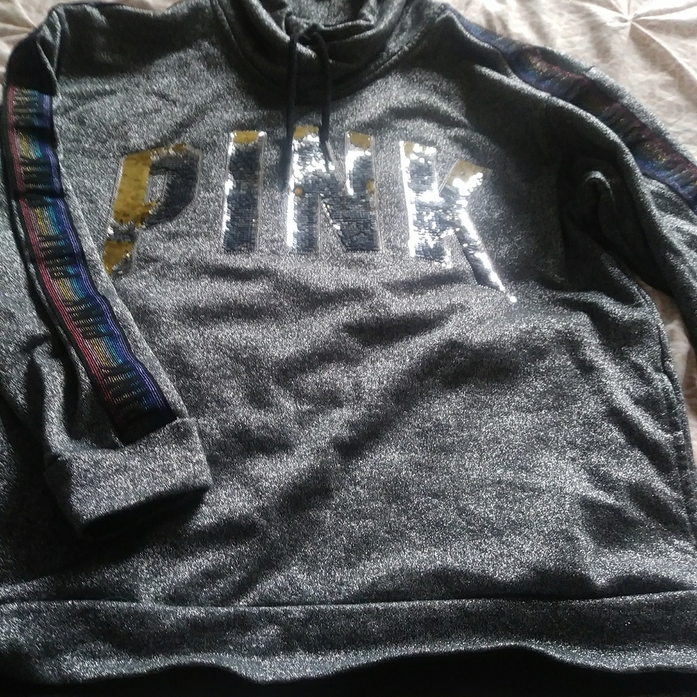PINK Silver Reversible sequin hoodie NWOT